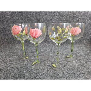 Set of 4 Hand-Painted Floral Wine Glasses Pink Flower Elegant Stemware 8.25"